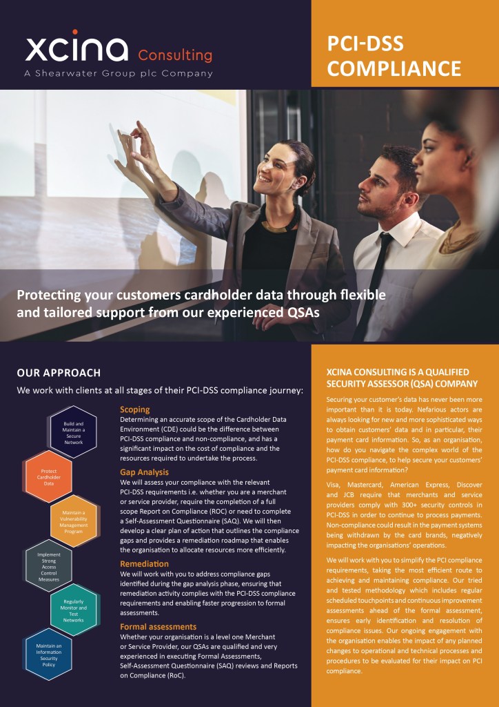 The front page of Xcina consulting's brochure for PCI-DSS compliance services.